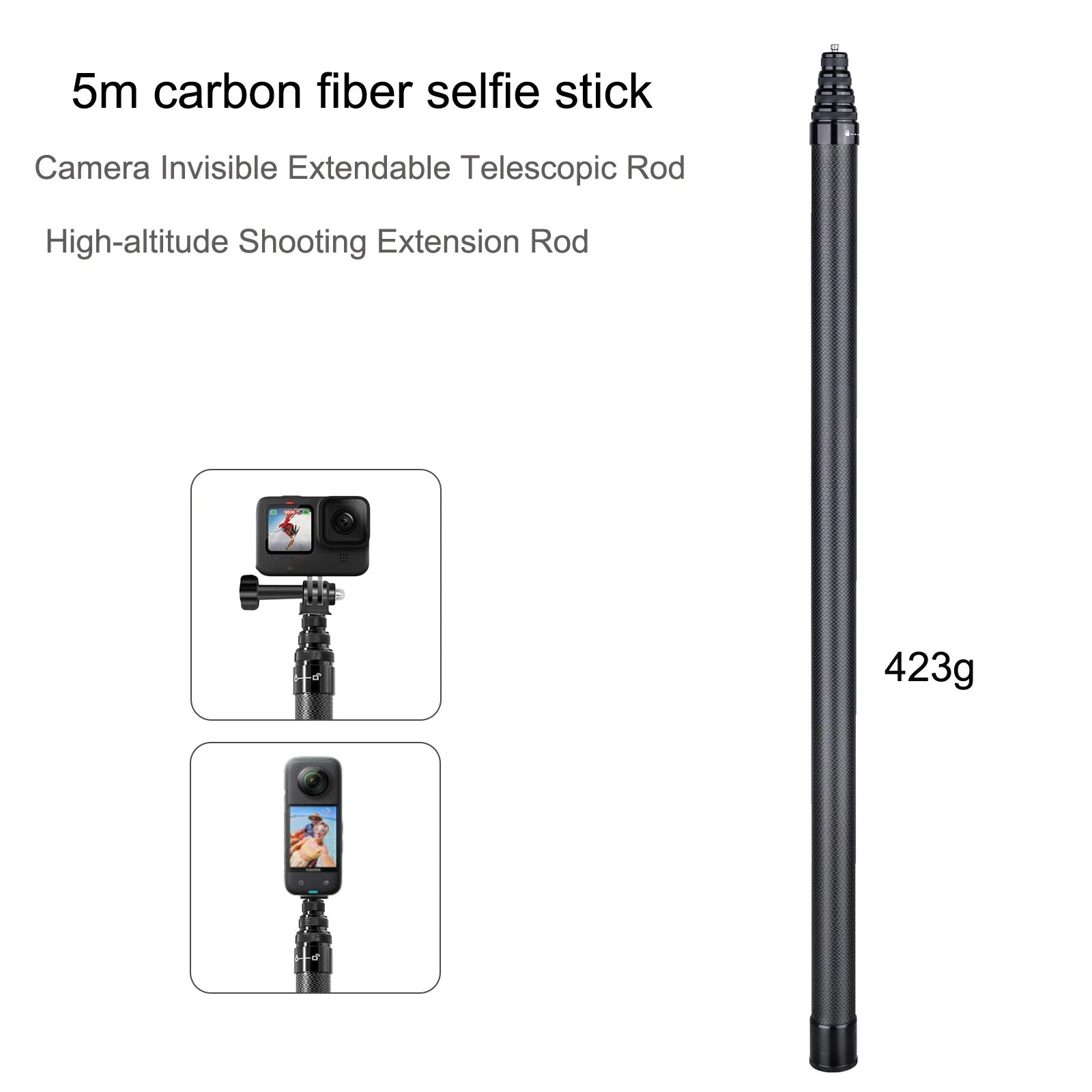 5M Carbonfaser Unsichtbarer Selfie-Stick, 1/4-Zoll-Schraub-Teleskopstange für Insta360 X5X4, DJI Action, GoPro Image