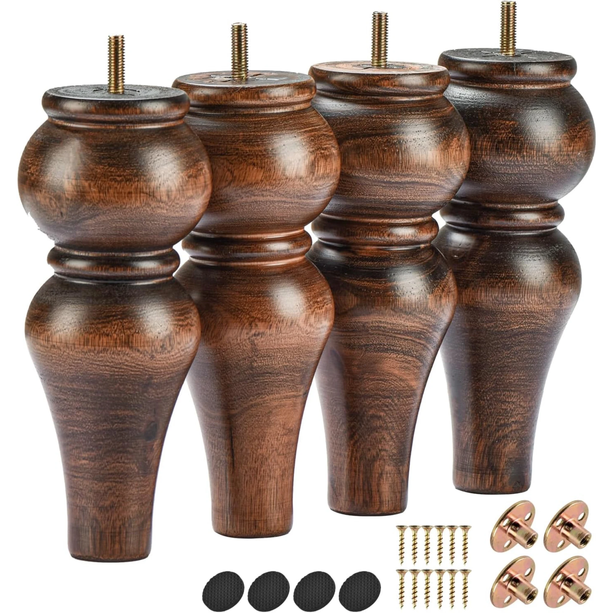 8 Zoll/20cm glasierte Möbelbeine aus Massivholz, 4 Stück Spindelfüße mit M8-Schrauben, Platten und Schrauben für Sofa, Ottoman, Schrank Image