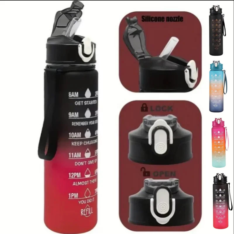 750ml Sporttrinkflasche mit Zeitmarkierung, auslaufsicherem Strohhalm und Flip-Deckel zum einfachen Tragen, ideal für Outdoor-Abenteuer Image