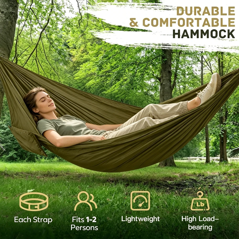 Outdoor-Camping-Hängematte, tragbare Hängematte mit Baumgurten, leichte Nylon-Fallschirm-Hängematte für Reisen, Wandern, Strand, 270 x 140 cm