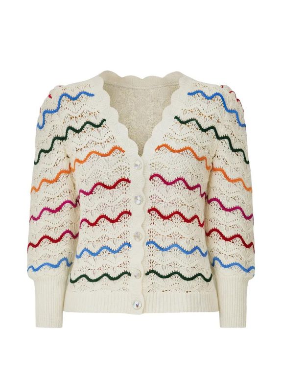 Scallop-Edge Pointelle-Knit Cardigan - White - Farm Rio Knitwear