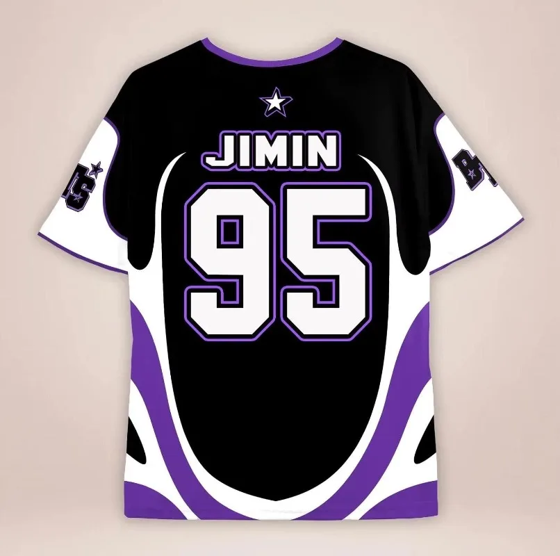 2026 Neuerscheinung, Größe 95 JIMIN Schwarz und Lila Strick V-Ausschnitt Kurzarm Kpop Rosa Lässiges Streetwear-Oberteil Unisex Rosa Stil