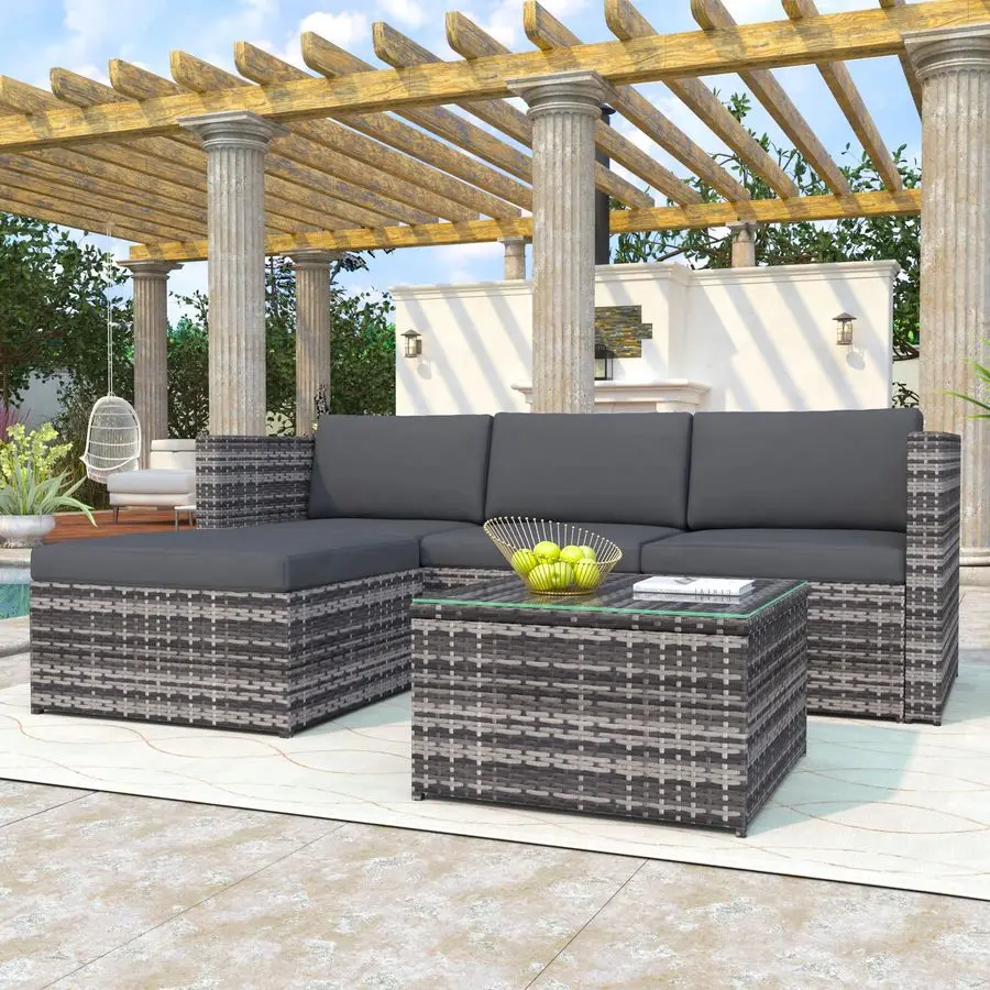 Salon de jardin en polyrotin pour 34 personnes, ensemble de mobilier de jardin avec canapé 3 places et tabouret, canapé de jardin avec table et cuvette