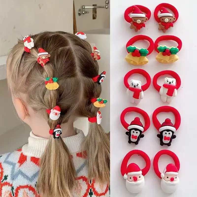 Weihnachts-Haargummis für Mädchen, süßer Weihnachtsmann, Rentier, Schneemann, Weihnachtsbaum, elastische Haarbänder, Urlaub, Haarschmuck, Geschenkset Image