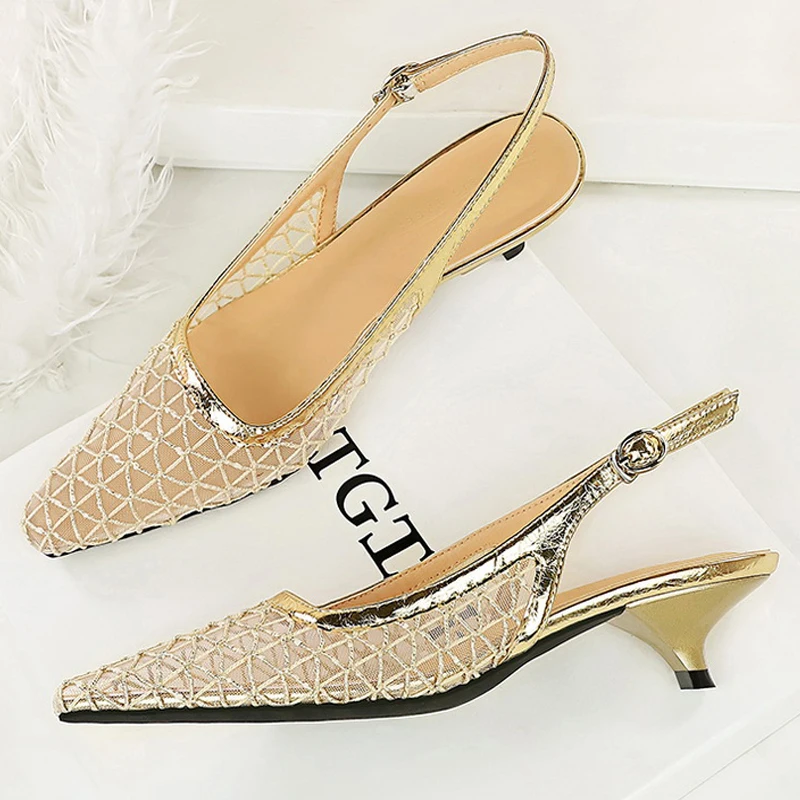 BIGTREE Schuhe Mesh atmungsaktive Damen Pumps Mode Kitten Heels 3CM aushöhlen und leeren Rückengurt Sommersandalen Damenschuhe