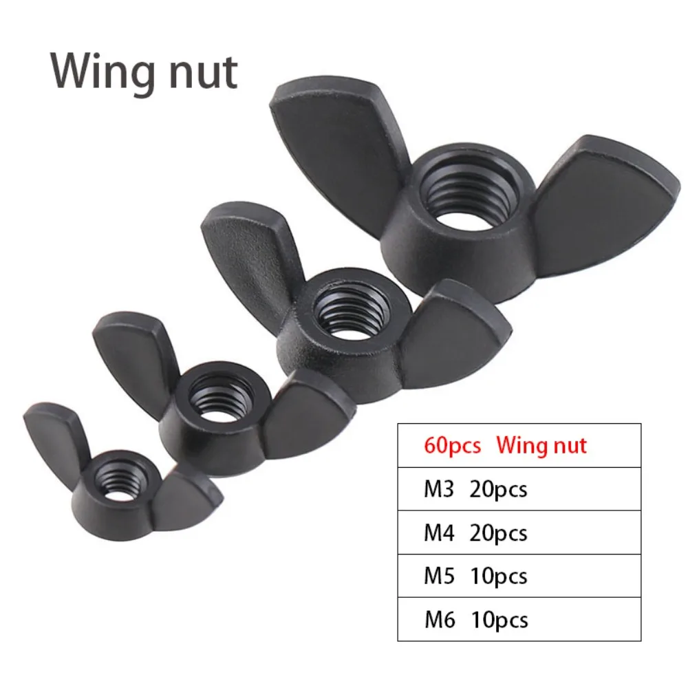 25/60 Stück schwarze Nylon-Flügelmuttern in 7 Größen, M3 M4 M5 M6 M8 M10 M12; Flügelmuttern, schwarze Flügelmuttern