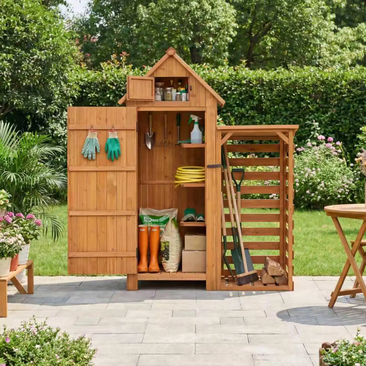 HOMAVO Gerätehaus Holz mit Kaminholzregal & UV-Schutz Pultdach, Gartenhaus Holz mit Boden, 131 × 54.3 × 179 cm, Geräteschuppen für Garten, Terrasse, Hinterhof, Rasen