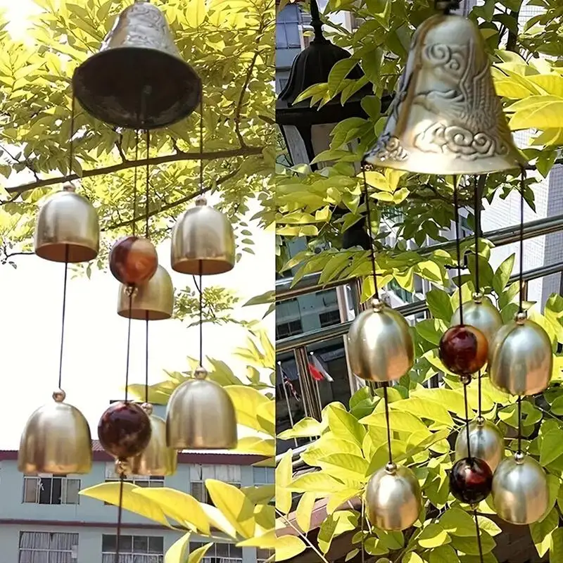 New! 6 Copper Bells Outdoor Metal Wind Chimes - Decorative Hanging Ornament For Yard & Garden, Ideal For Home Outdoor Decorati