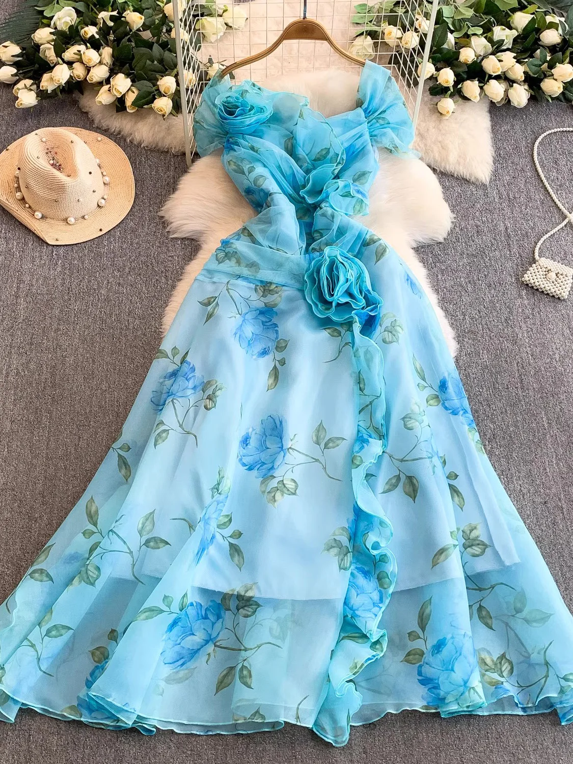 Sommer Frauen Lila/Grün/Blau Floral Gedruckt Mesh Lange Kleid Elegante Quadratische Kragen Kurzarm Hohe Taille A-linie Maxi vestidos