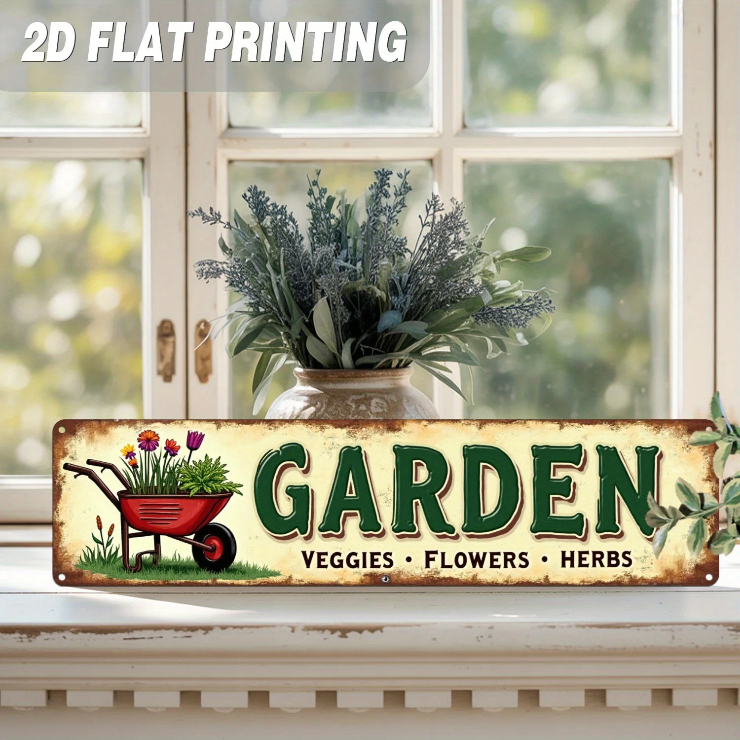 2D Flat, Vintage Garden Metal Wall Decor Sign - 9.91x39.88 cm Rustic Farmhouse Style Iron Plaque with 