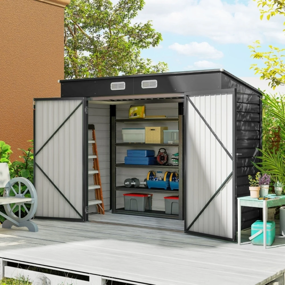 Doppeltüriger Stahl-Gartenschrank Outdoor-Geräteschrank Grauer Metall-Werkzeugschuppen 249x121x166/183cm für Hinterhof und Terrasse