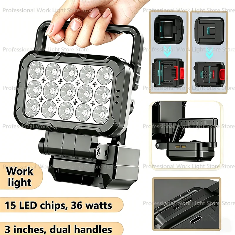 Arbeitsleuchte, 3 Zoll, Doppelgriffe, für Makita-Akkus, 15 LEDs, LED-Taschenlampe, ideal für Notbeleuchtung und Camping Image