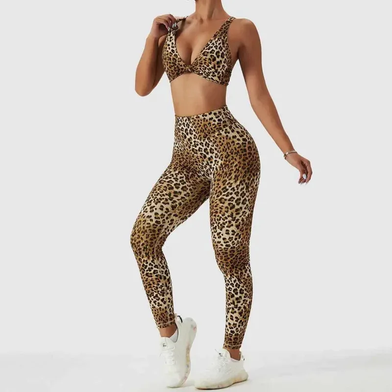 Ensemble de yoga imprimé léopard femme vêtements de sport ensemble de sport entraînement yoga fitness ensemble de gymnastique femmes tenues soutien-gorge de sport pantalons de yoga survêtement