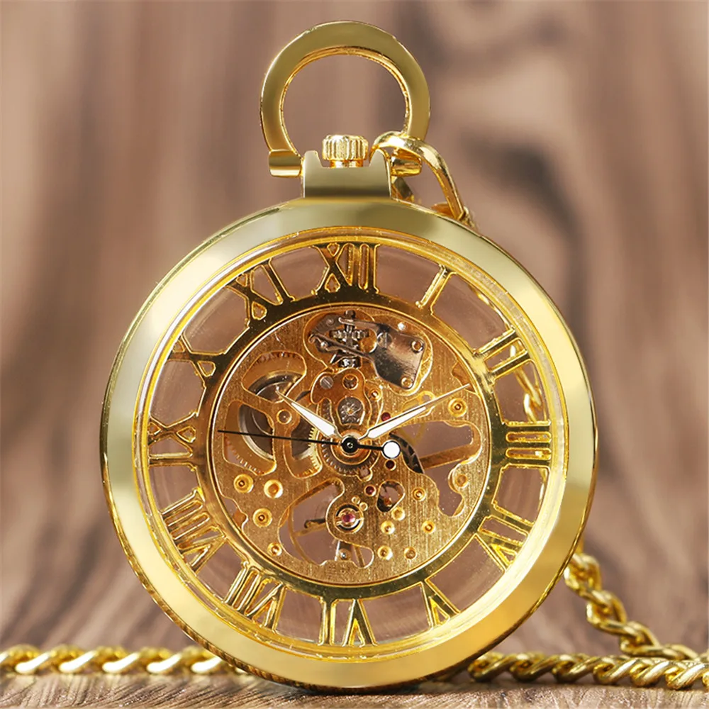 Transparente Skelett römische Ziffern mechanische Uhr Männer offenes Zifferblatt Mode Vintage elegante FOB Kette Handaufzug Taschenuhr