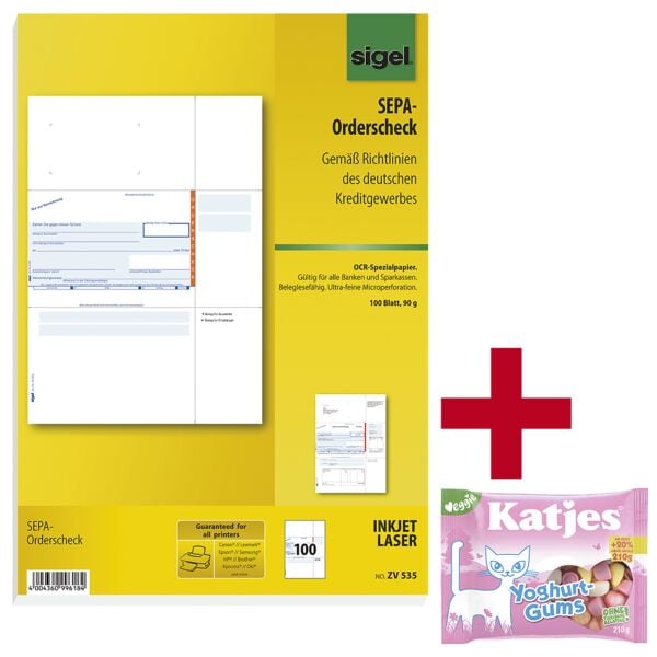 Sigel PC-SEPA-Orderscheck ZV535 inkl. Fruchtgummi »Yoghurt-Gums« 210 g weiß, 21x29.7 cm