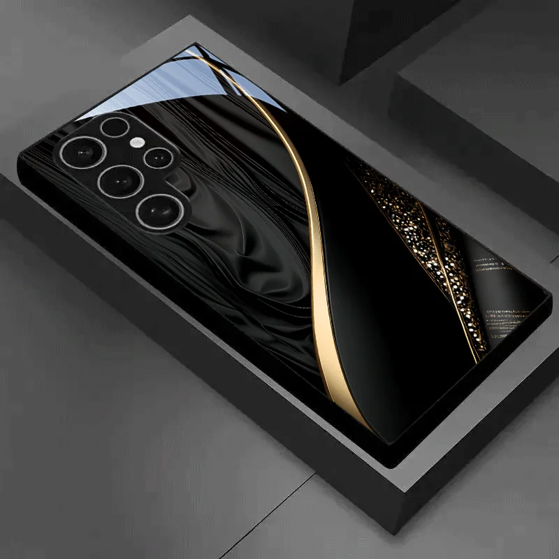 Schwarz-Goldene Intergewebte Satin-Kunst Gehärtetes Glas Handyhülle Schwarz für Samsung Galaxy S26 S25/S24/S23/S22/S21/S20/Note 20 Image