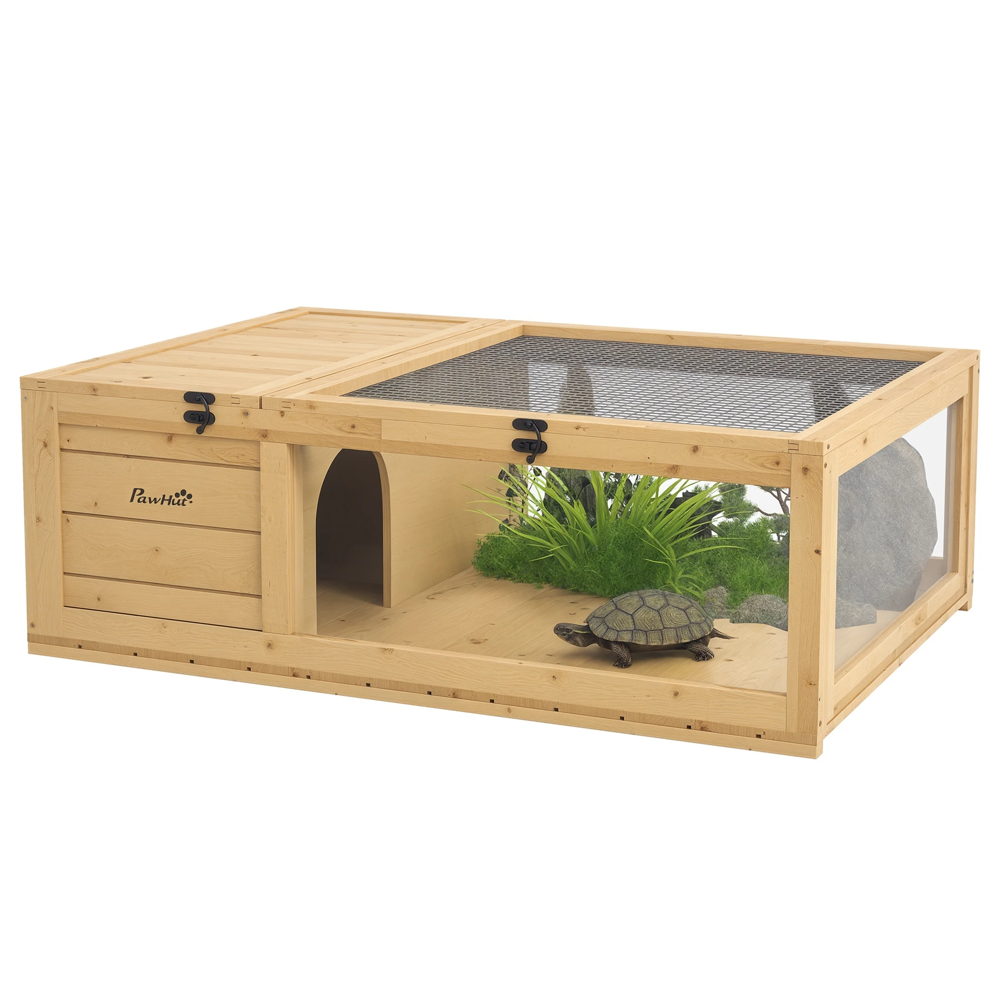 Schildkröten-Gehege aus Holz mit Doppelkammer-Versteck, abschließbares Reptilien-Terrarium mit klaren Sichtfenstern für Eidechsen, Geckos, Schlangen, für den Innen- und Außenbereich, Tierbedarf für Image