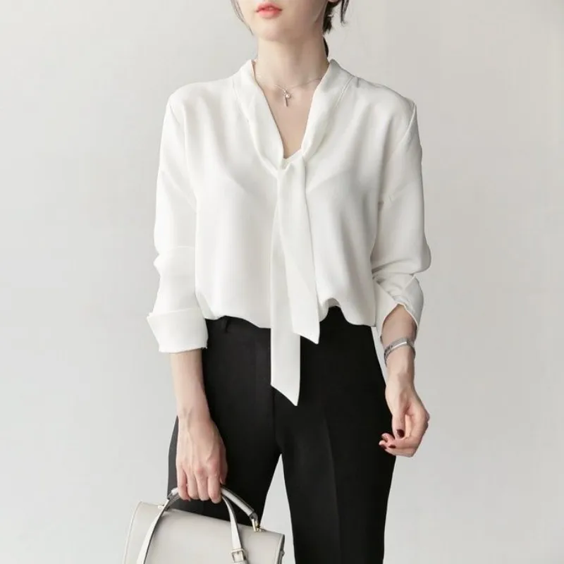 Frauen Frühling Herbst Stil Blusen Shirts Dame Casual Langarm Fliege Kragen Einfarbig Blusas Tops WY1041 Image