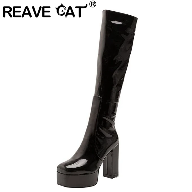 REAVE CAT Plateau Kniehohe Stiefel Zehen Blockabsätze Gummi Größe 34-43 Schwarz Weiß Blau S2729