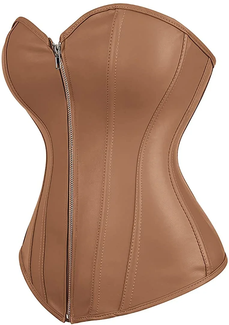 Sapubonva Lederkorsett mit Schnürung, Reißverschluss, glänzende Korsetts, Bustier, Überbrust, Burlesque-Kostüme, Body Shaper, sexy Damen, Übergröße, Schwarz
