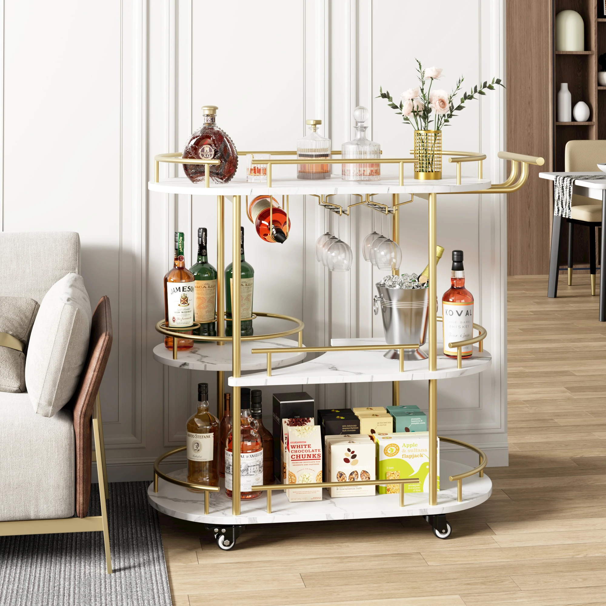 Gold Bar Cart 3-stufiger Barwagen für zu Hause, drehbarer Barwagen Gold mit Weinregal und Glashalter, Bar-Servierwagen mit Rad Image