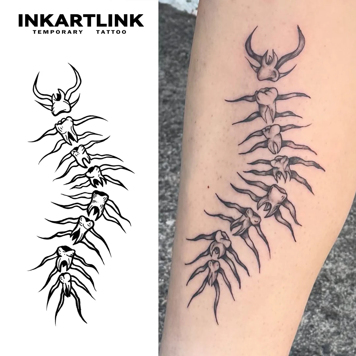 INKARTLINK Kreative Zahn-Tentipede-Kombinations-Tattoo-Aufkleber, wasserdicht, temporäre Tätowierung, Farbhaltung für 1–2 Wochen Image