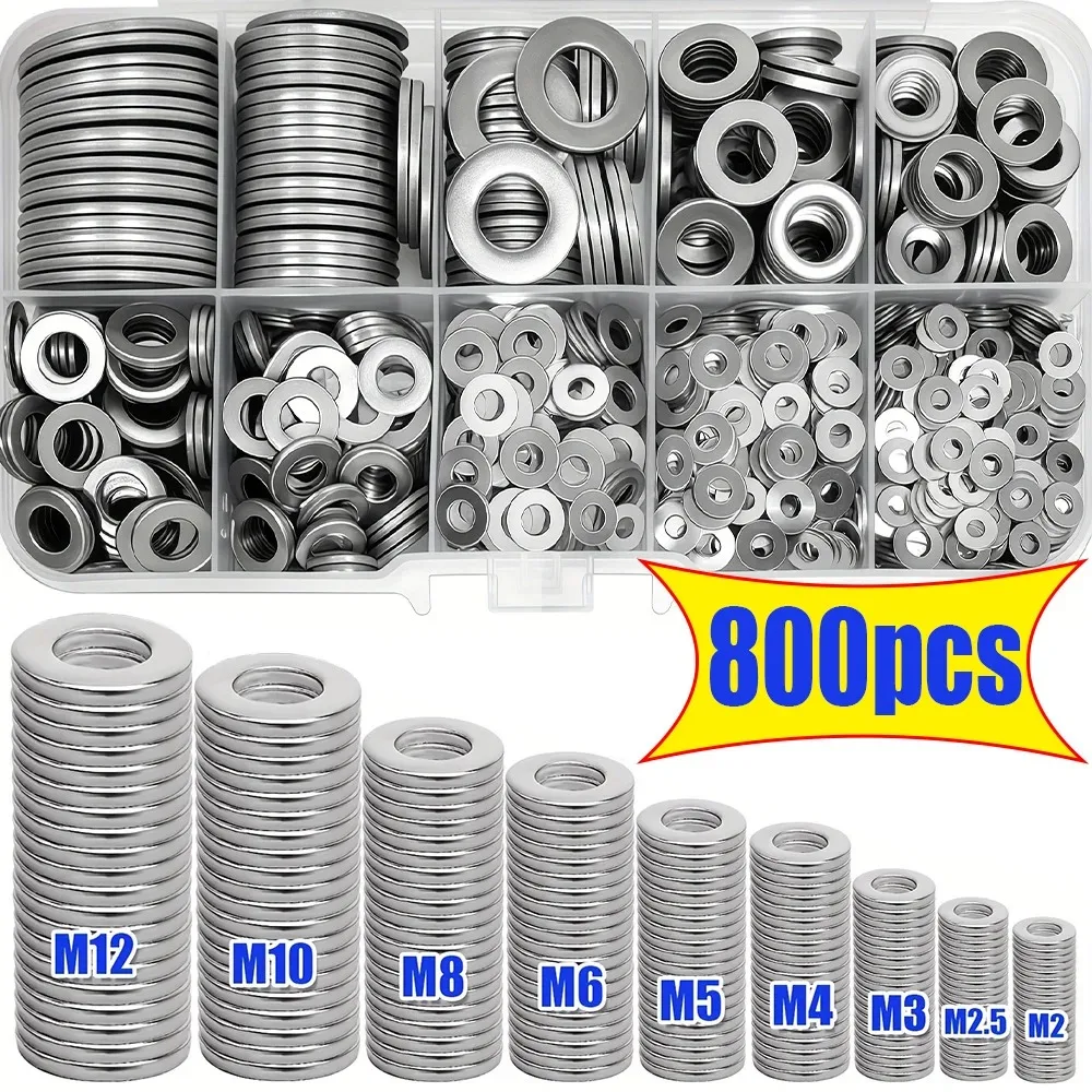 800-teiliges Edelstahl-Unterlegscheiben-Set (M2 - M12) für Heimwerker, Industriereparaturen und Außenbau-Wartung. Image