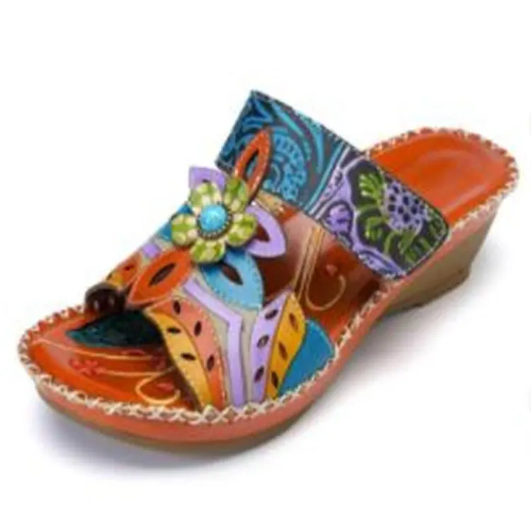 Keilabsatz-Pantoletten mit Farbblock-Design und Tribal-Blumenmuster, Neue Damen-Plateau-Slides, Sandalen mit Ethnischem Blumendruck, Ethnische Damenschuhe