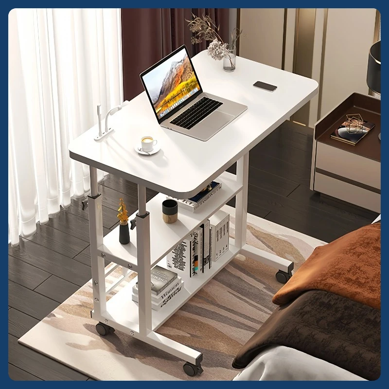 Verstellbarer mobiler Nachttisch – rollender Laptop-Schreibtisch mit 2-stufigem Regal, 80 x 40 cm kleiner Bürotisch für Schlafzimmer, Laptop-Schreibtisch Image