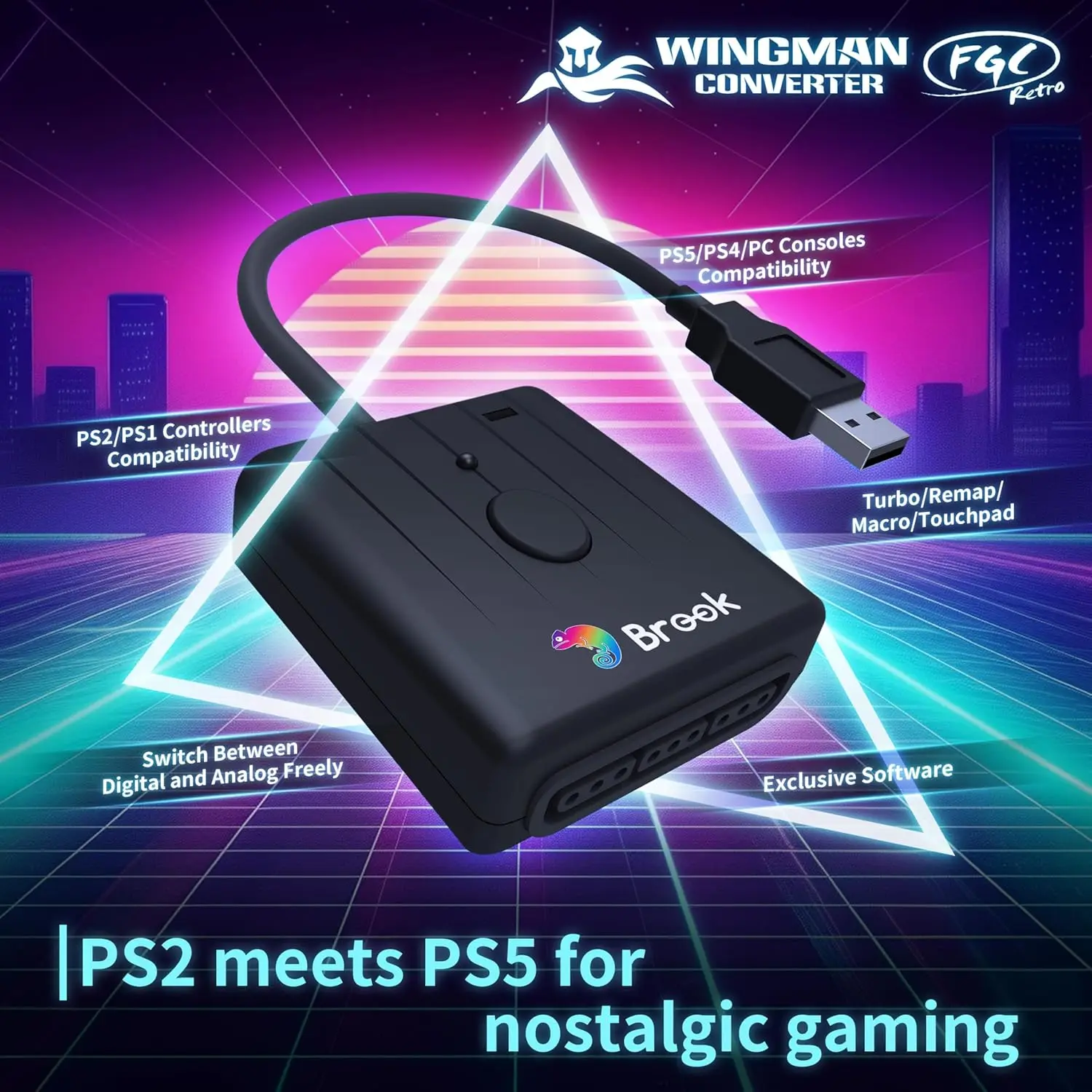 Brook Wingman FGC Retro PS 1/PS 2 Controller for PS 5/PS 4/PC Compatible with Dance Mats Arcade Sticks Rhythm Game Controllers