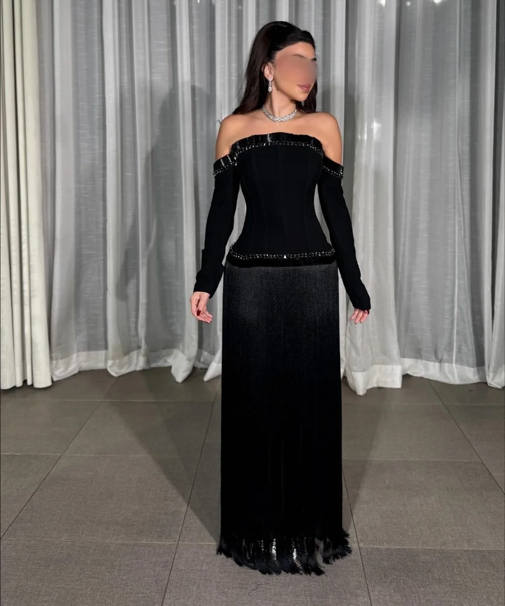 Customized Formal Velour Pleat Sequined Tassel Straight Off-the-shoulder Long Dresses Bespoke Occasion Chinese Style