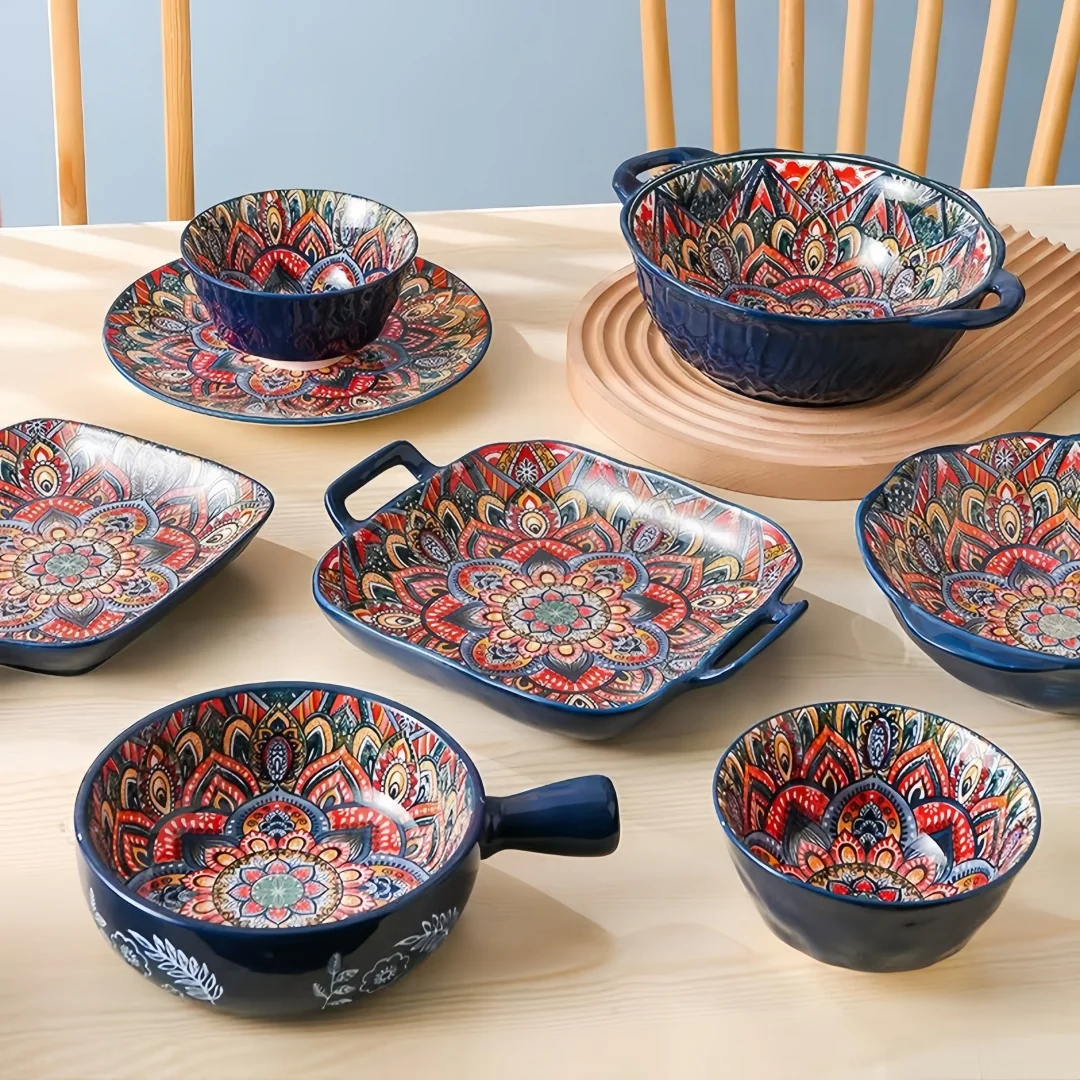 Bohemian Ceramic Dishes and Cutlery 8-Piece Set Household Good-Looking Rice Bowl Double-Ear Soup Basin Exquisite Noodle Bowl