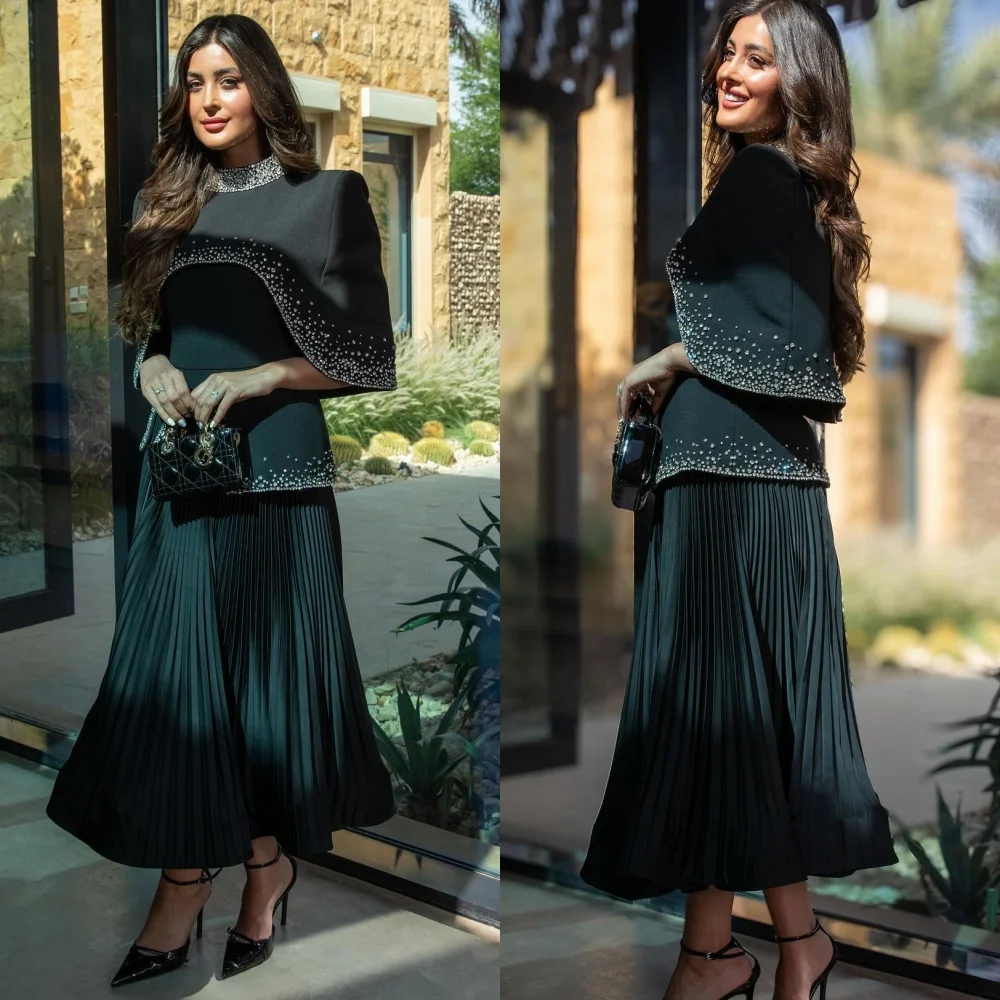 Customized Sparkle Jersey Pleat Sequined A-line O-Neck Midi Dresses Bespoke Occasion High Quality Chinese Style