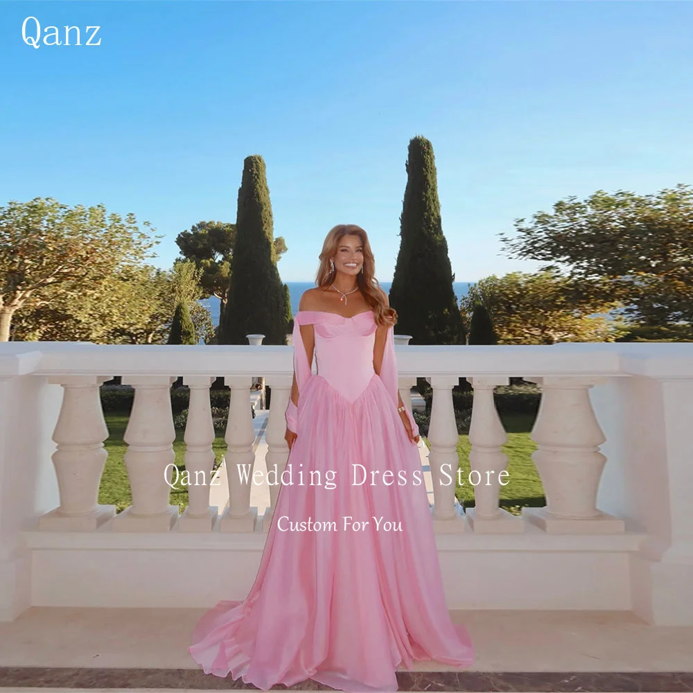 Qanz Modest Gowns Luxury Evening Dresses Off The Shoulder Pink Organza Party Prom Dress Long A Line Robes De Soirée Customized
