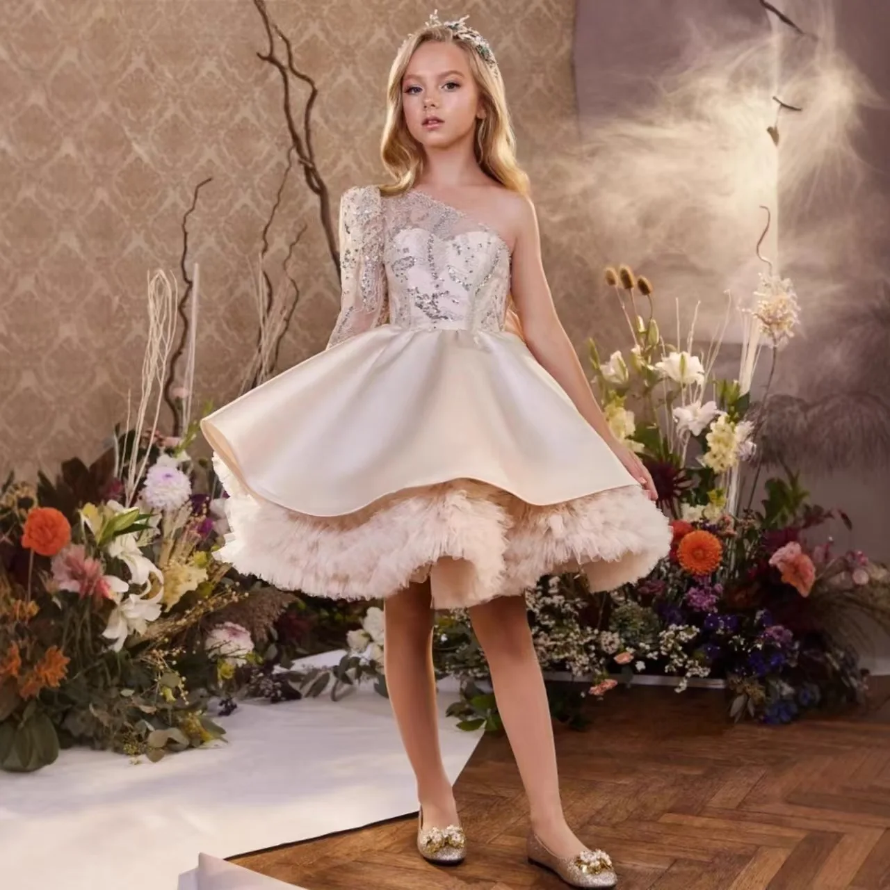 Dreamy Vow D171 Elegant Flower Girl Dress Bows One Sleeve Princess Kids Wedding Birthday Festival Party Pageant Formal Gown