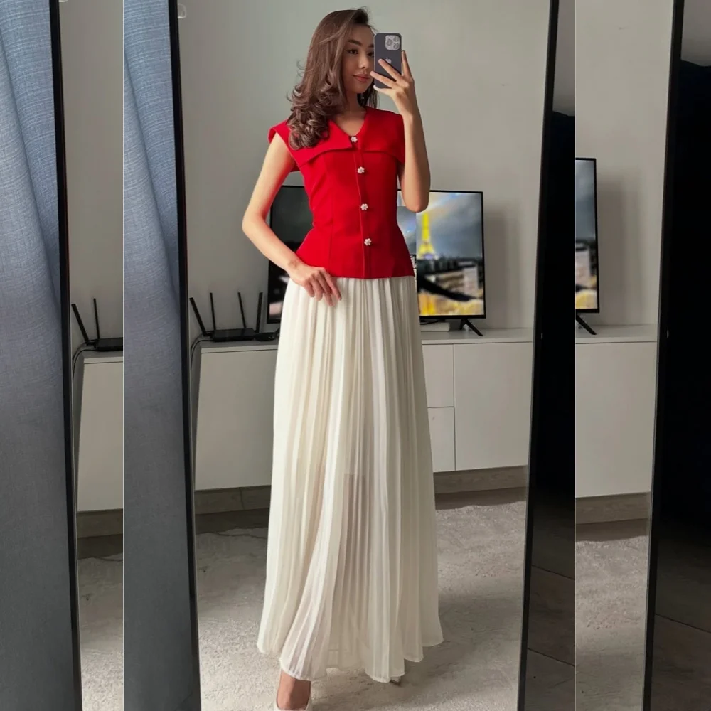 Customized Simple Sexy Chiffon Button Pleat A-line V-neck Midi Dresses Bespoke Occasion Sizes Available