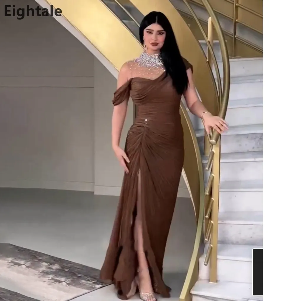 Eightale 2025 Brown Silk Pleated Maxi Evening Dress With Beading Formal Prom Dress Dubai Wedding Party Gown Customized