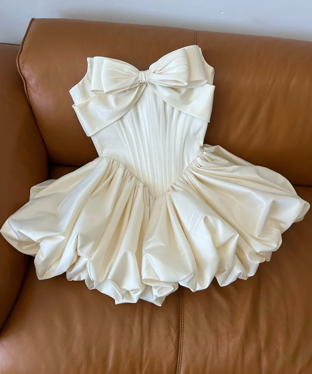 Customized Sparkle Charmeuse Sequined Bow Pleat A-line Strapless Mini Dresses Bespoke Occasion Sparkle Elegant