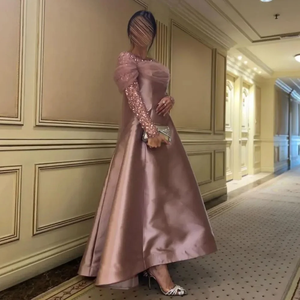 Customized Round Neck Long Sleeve Illusion Satin A-line Prom Gown Backless Patchwork Evening Party Dresses فساتين السهرة 2023 جد