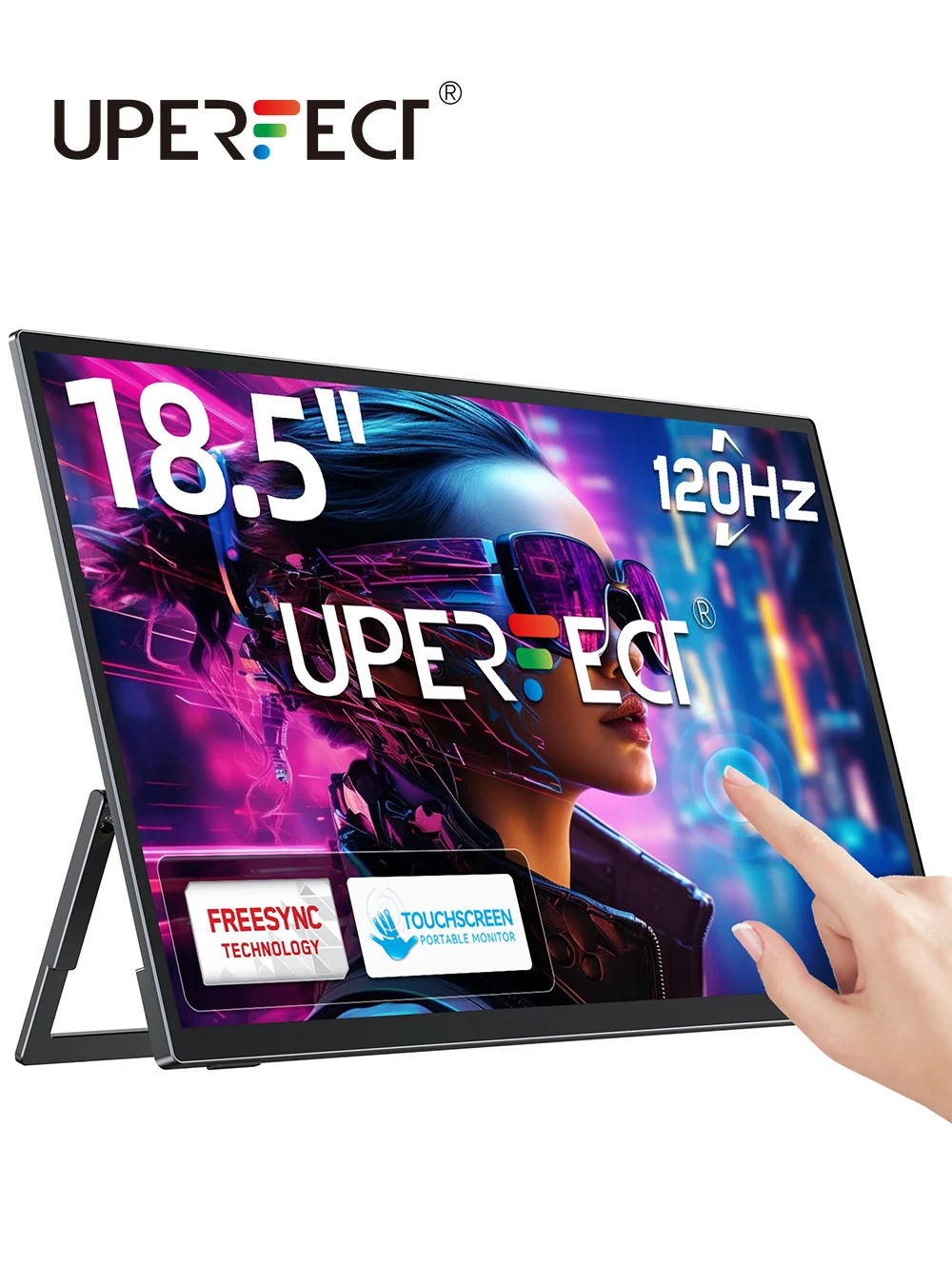 Moniteur portable UPERFECT Écran tactile 18,5 pouces 120 Hz avec support réglable VESA et 180° Ultra-mince et léger UHD FreeSync IPS HDR Écran de jeu USB C Deuxième moniteur de voyage pour ordinateur portable PC Mac