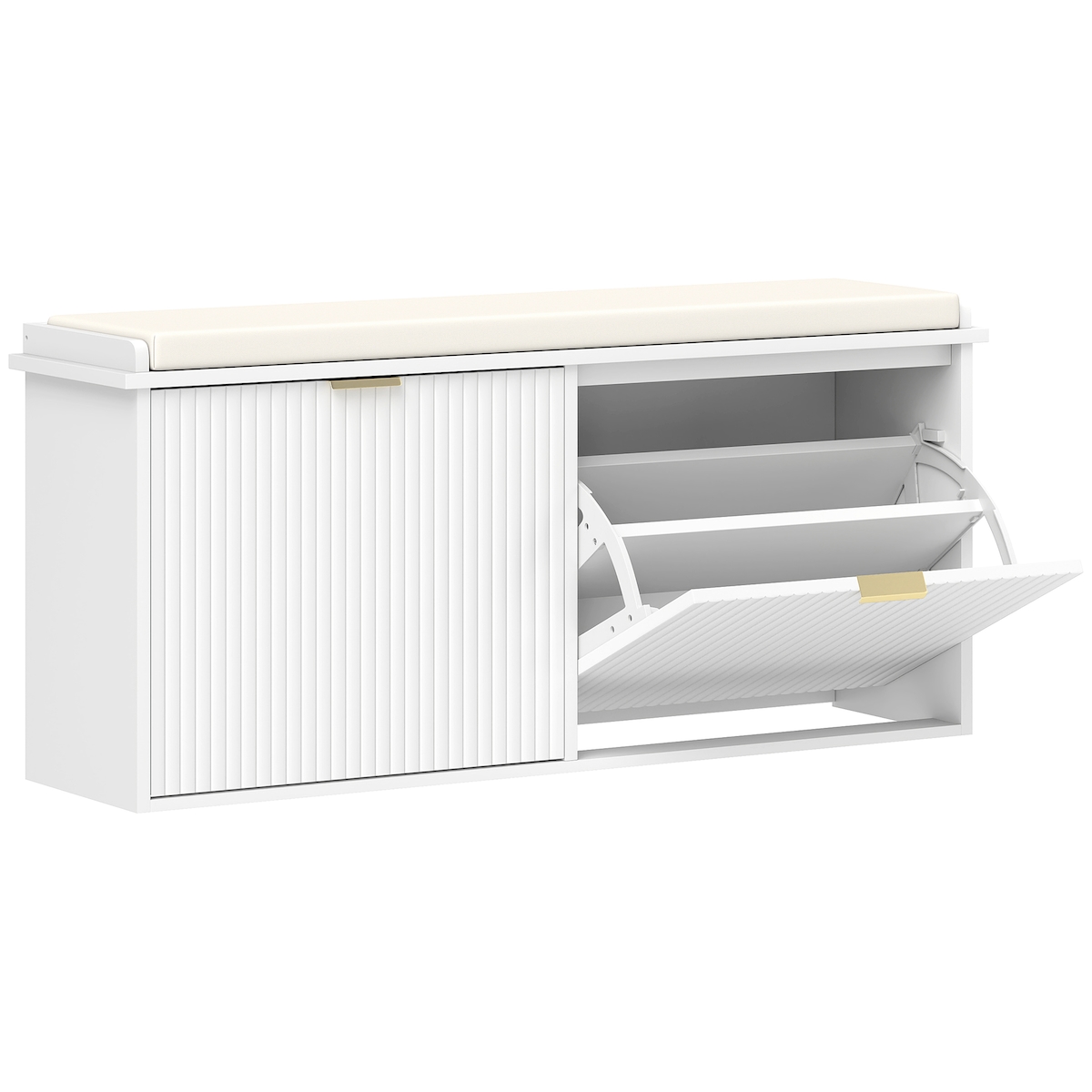 HOMCOM Schuhbank mit gepolstertem Sitzkissen und 2 Klappfächern, Flurbank bis 240 kg belastbar, Schuhschrank, 104 x 26 x 47,5 cm, Weiß Image