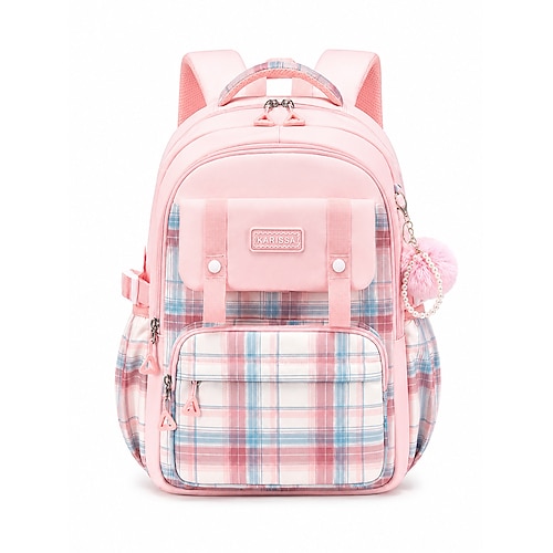 Zaino a quadri da bambina per la scuola, grande capacità, multi-tasche, in poliestere, grazioso zaino rosa da viaggio per la scuola con scomparto per laptop, resistente all'acqua per la scuola