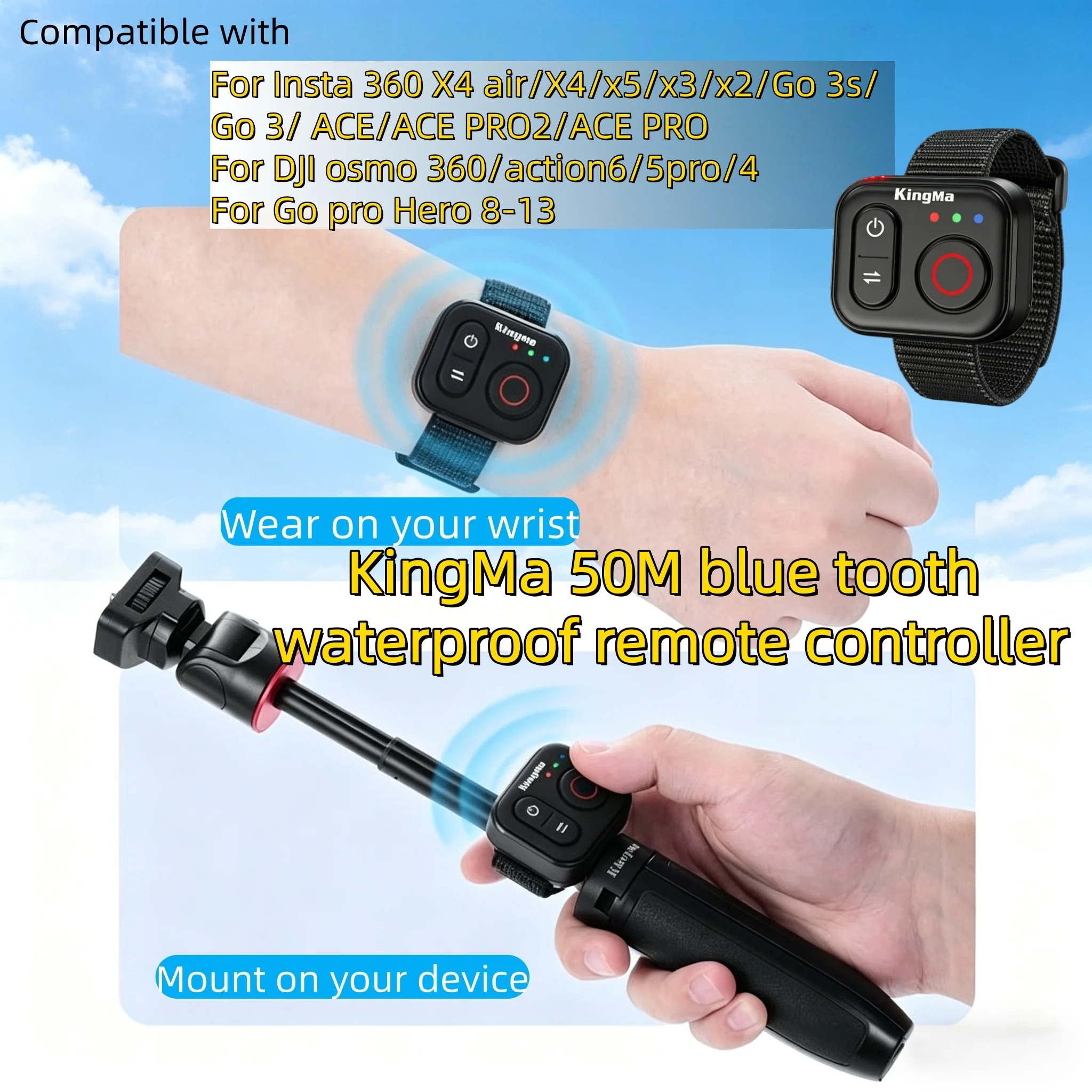 Kingma Drahtlose Fernbedienung mit Armband für DJI OSMO 360/ACTION 6 5 4 Insta60 X4 Air/X5 X4 X3 GOS/3 ACE PRO2 GOPRO 50M/164ft Image