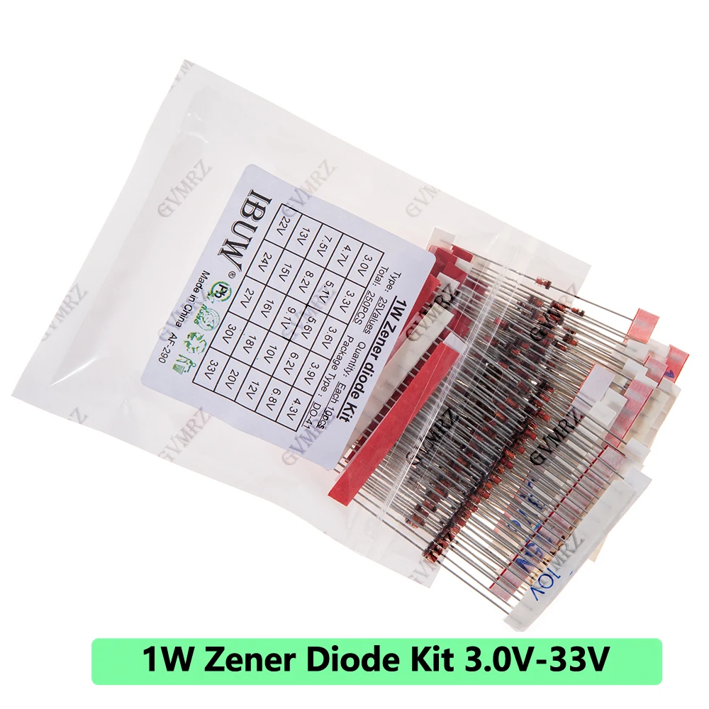 250 Stück 25 Werte 1W Zener-Dioden-Set 3,0V-33V DO-41 für Spannungsregelung Elektronische Projekte 3,3V 3,6V 3,9V 27V 30V 33V Image