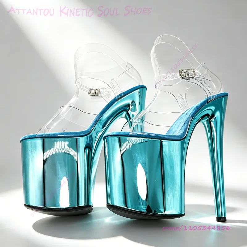 Kristallblaue Glitzer-Sandalen mit galvanisiertem Spiegeleffekt, 20 cm (8 Zoll) silberne Plateauabsätze, rote Wildleder- und lila Pole-Dance-Bühnenschuhe Image