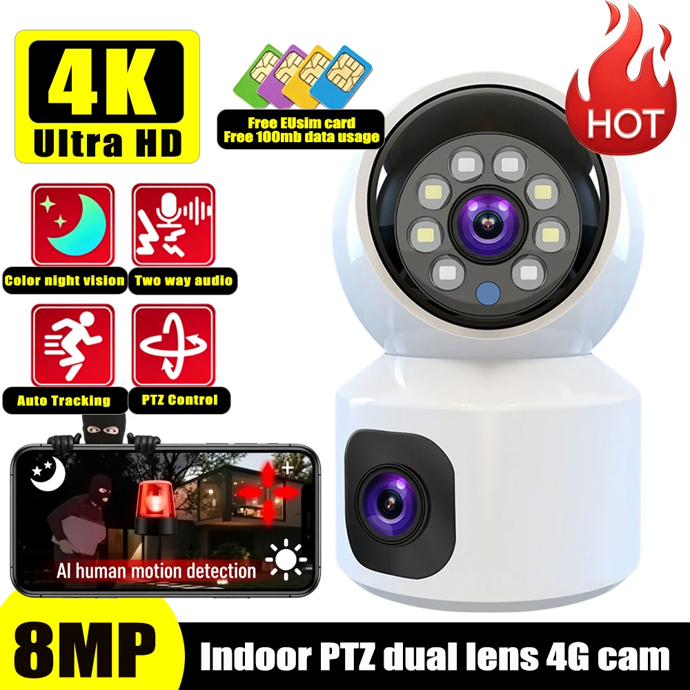 4K Dual-Objektiv PTZ 4G IP-Kamera 8MP Dual-Screen Video Babyphone Farbnachtsicht Zwei-Wege-Audio Innen-Überwachungskameras Image