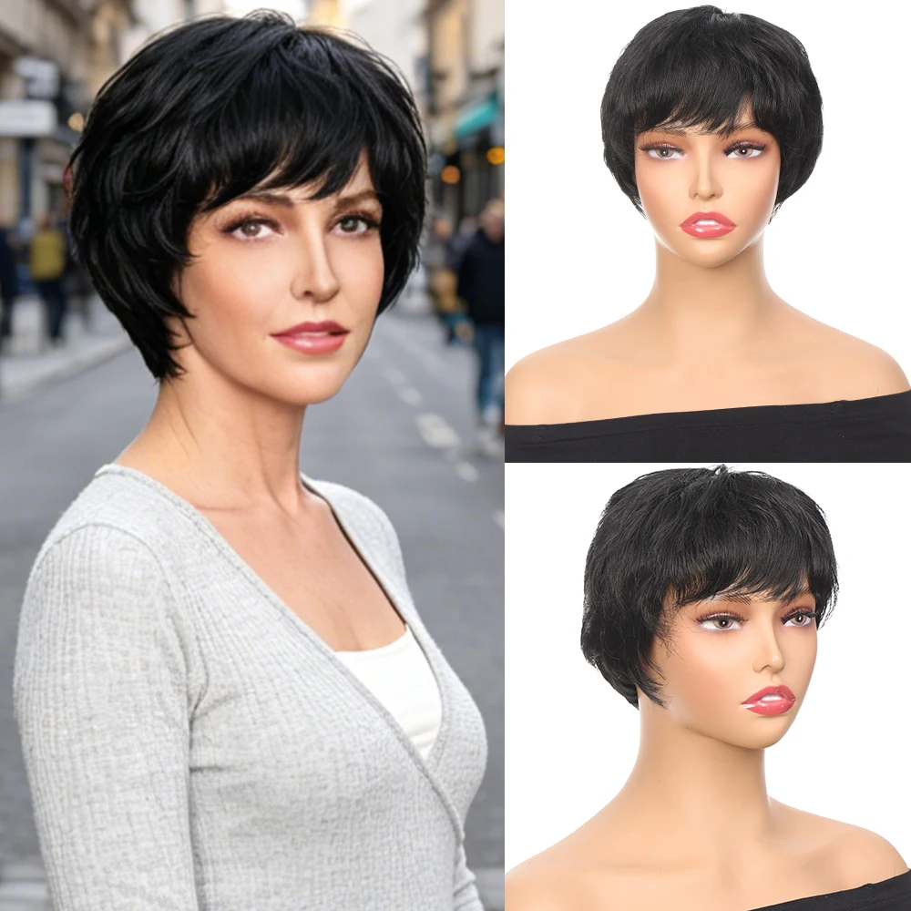Schwarze kurze synthetische Perücke für Frauen, natürlich aussehende, hitzebeständige Faser, vollständig maschinell hergestellt, weiche Perücke für den täglichen Gebrauch, Party, Cosplay Image