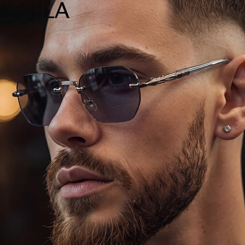 Vintage Quadratische Randlose Punk-Sonnenbrille für Herren 2026 Luxus Designer Retro Steampunk Metall Polygon Sonnenbrille für Männer zum Autofahren Image