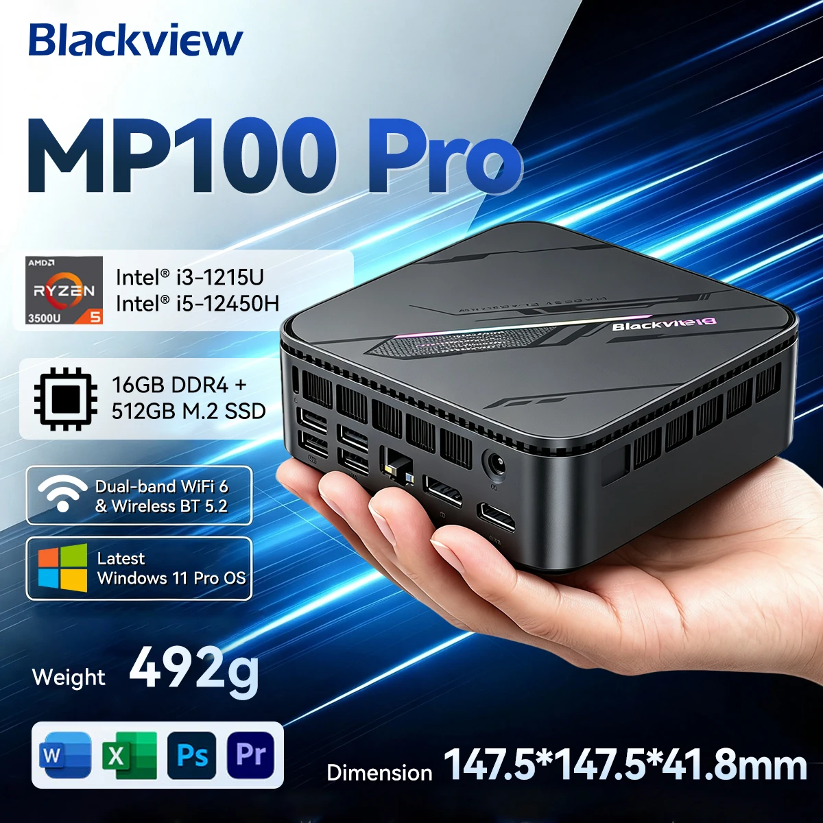 Mini PC professionnel Blackview MP100 Pro, Windows 11 Pro, deux options de processeur Intel 12e génération i3-1215U / i5-12450H, 16 Go RAM DDR4, SSD M.2 NVMe 512 Go, WiFi 6, sortie vidéo 4K UHD, puce