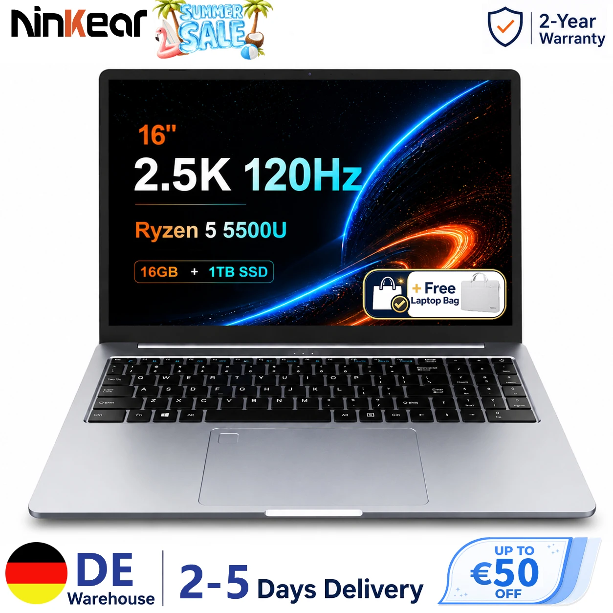 Ninkear A15 Pro 16 Zoll Laptop Ryzen 5 5500U 16GB RAM 1TB SSD 2.5K 120Hz Display Windows 11 Fingerabdrucksensor beleuchtete Tastatur USB-C WiFi 6 EU-Version Image